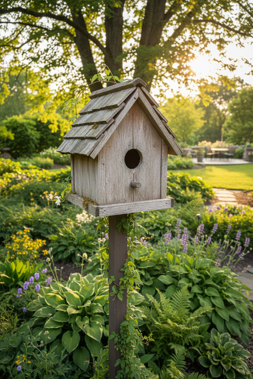 Wooden Birdhouse in Sunny Backyard